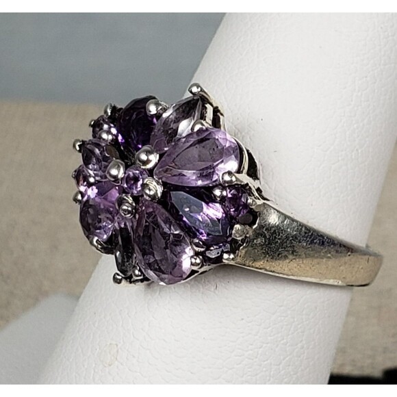 Vintage Purple Amethyst Flower Cocktail Ring 925 Sterling Silver Size 7 - Picture 9 of 16